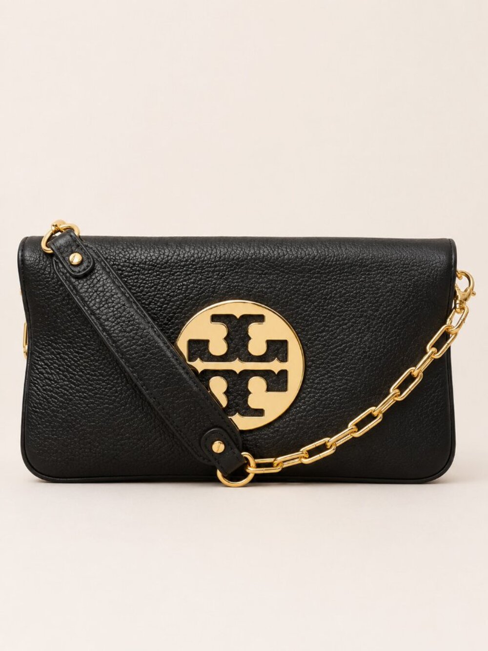 Tory Burch Black Leather Logo Chain Shoulder Clutch Bag